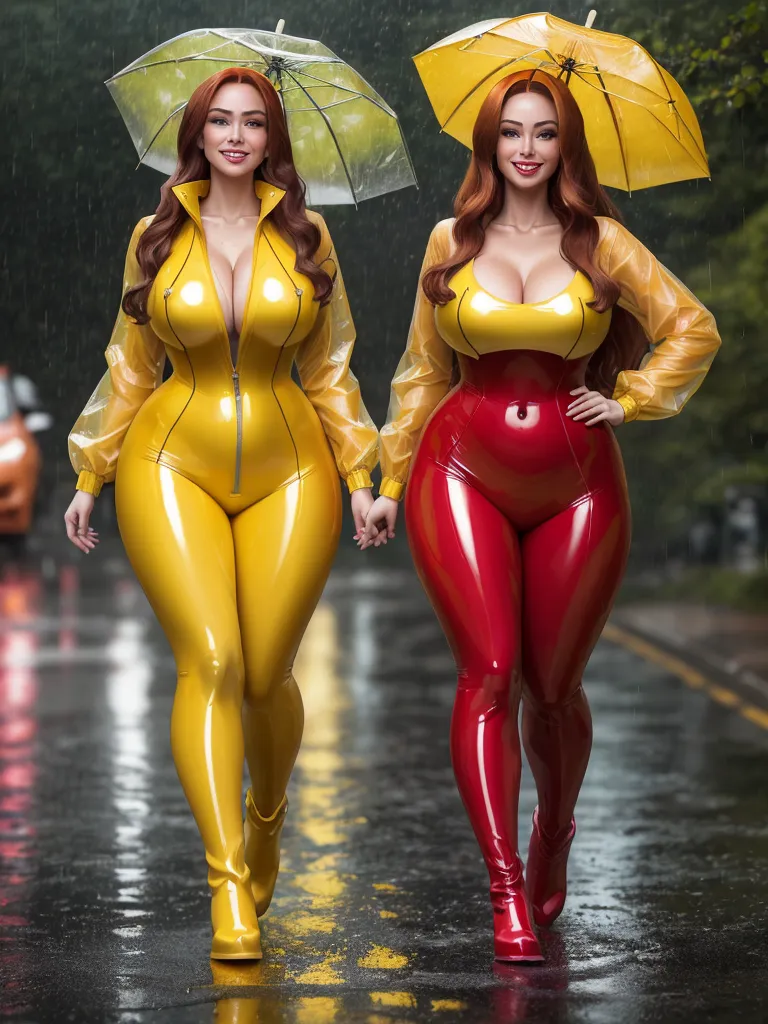 what is high resolution photo - two women in yellow and red rubber suits walking down a street in the rain with umbrellas over their heads, by Hendrik van Steenwijk I