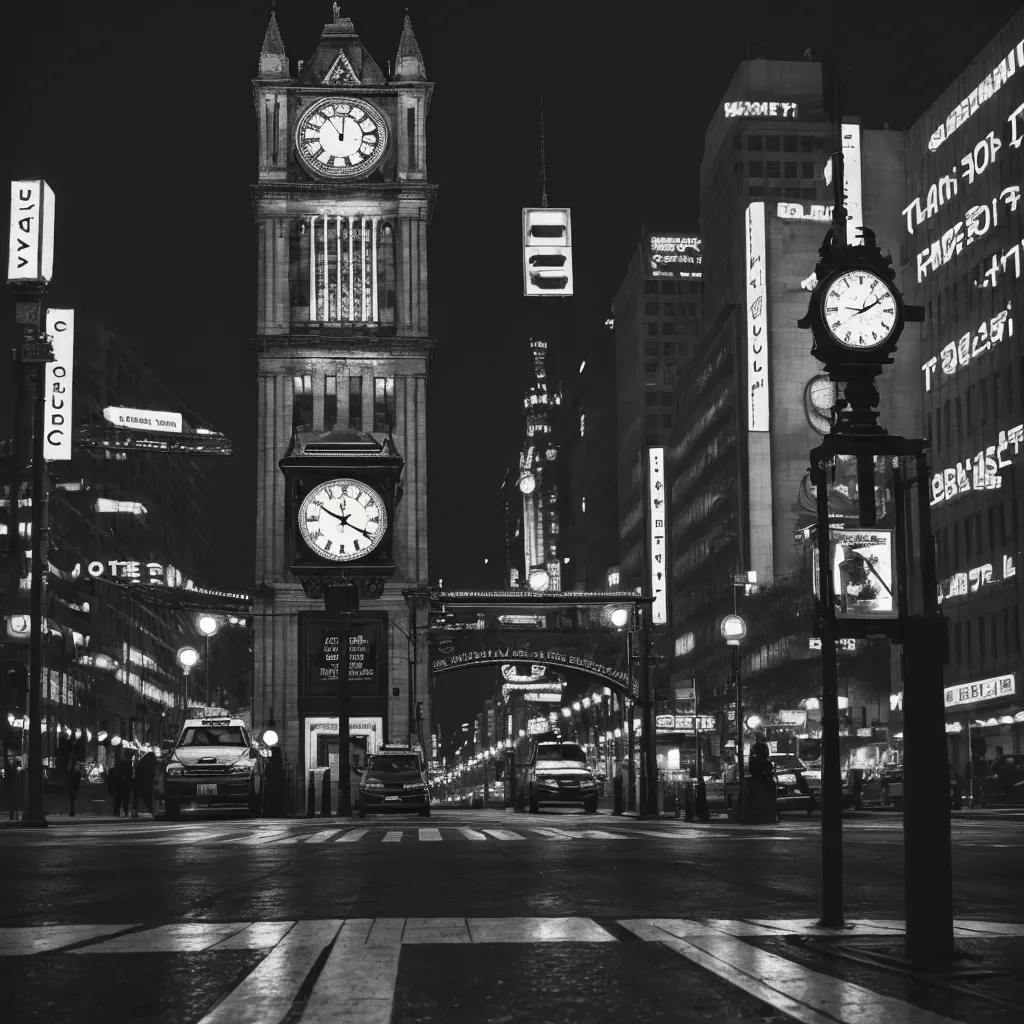 ai image generation from text - a clock tower in a city at night time with lights on it's sides and a clock on the other side, by Brandon Woelfel