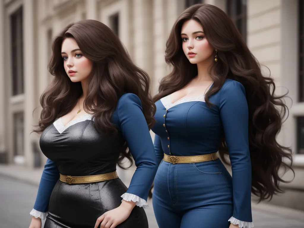 text-to-image ai generator - two women in blue and black outfits walking down a street together, one of them is wearing a black and white top, by Sailor Moon