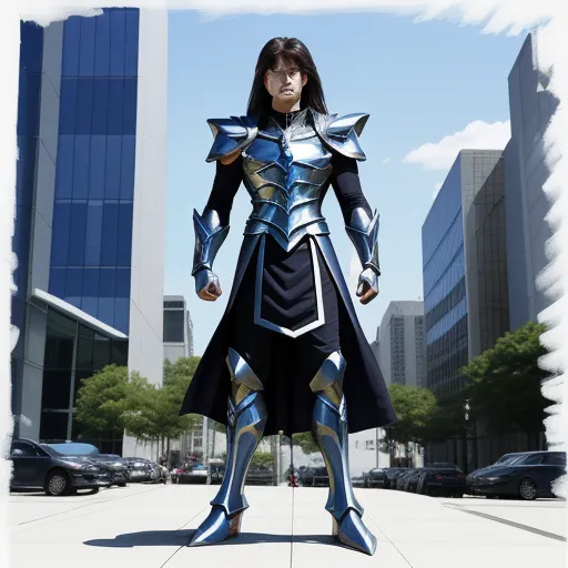 text to photo ai - a woman in a costume standing in a city square with a building in the background and a blue sky, by Sailor Moon