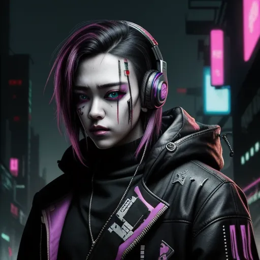 high resolution images - a woman with headphones on in a city at night with neon lights and a neon glow behind her, by Terada Katsuya