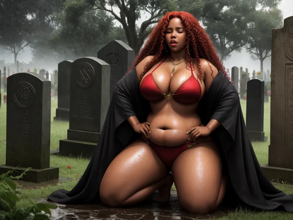 a woman in a red bikini and cape sitting on a grave yard with a cemetery in the background and trees, by Hendrick Goudt