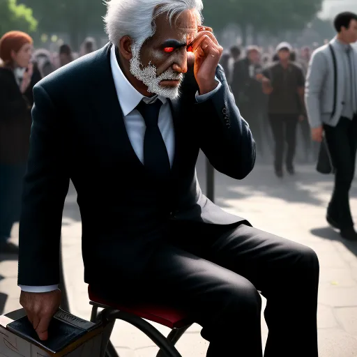 a man in a suit and tie sitting on a chair with a white face painted on his face and a crowd of people behind him, by Hayao Miyazaki