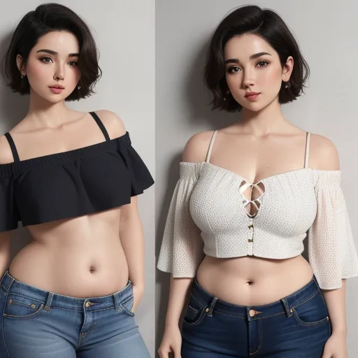 two photos of a woman with a crop top and jeans on, one of which is showing a breast, by Chen Daofu