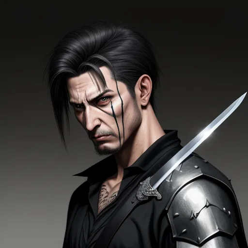 ai image from text - a man with a sword and a suit of armor on his chest and face, with a black hair and a black shirt, by Gatōken Shunshi