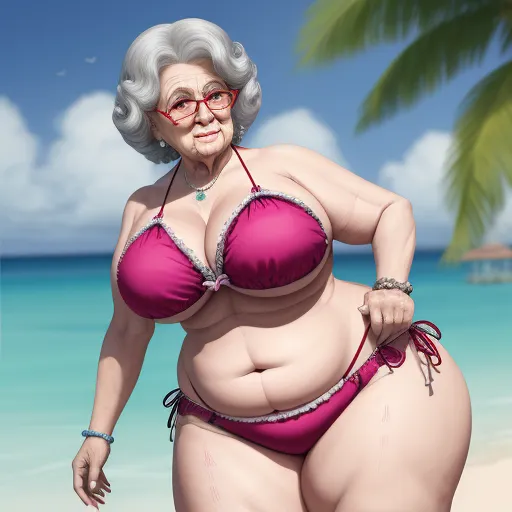 ai image generators - a woman in a pink bikini standing on a beach with a palm tree in the background and a blue sky, by Fernando Botero