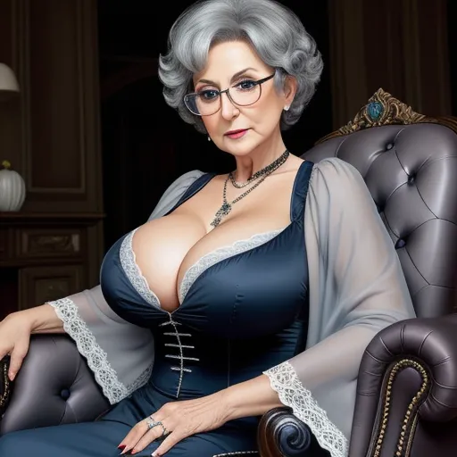 free ai photo - a woman in a blue dress sitting in a chair with a large breast and glasses on her head and a necklace on her neck, by Botero