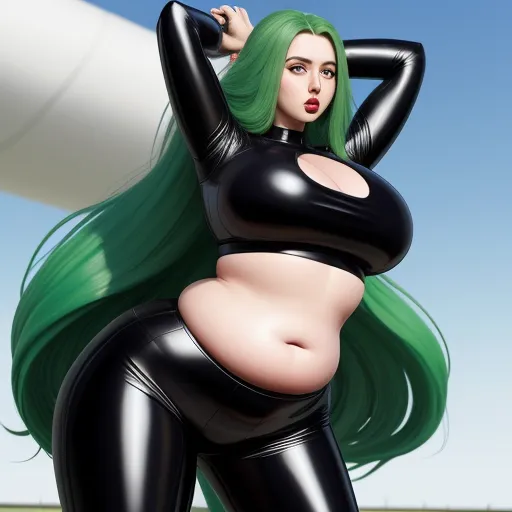 a cartoon of a woman with green hair and black catsuits, posing in a black outfit and holding a white tube, by Akira Toriyama
