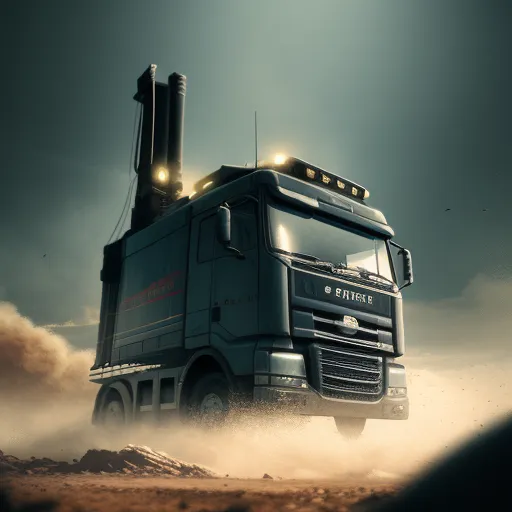 enhance image quality - a truck driving through a desert filled with dirt and dust with lights on the cab and headlights on the front, by Filip Hodas