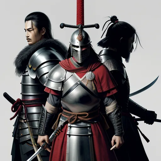 increase image resolution - two men in armor standing next to each other with swords in their hands and one holding a sword in his hand, by Baiōken Eishun