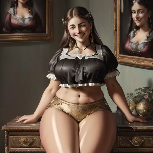turn image to hd - a woman in a bra and panties posing for a picture in front of a painting of a woman in a dress, by Botero