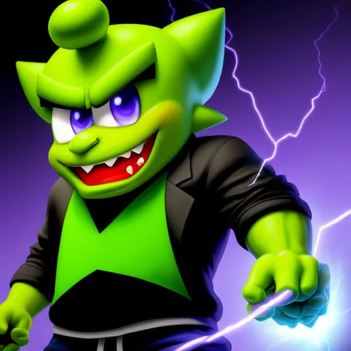 a green monster with a black shirt and a green star on his chest and a purple background with lightning, by theCHAMBA