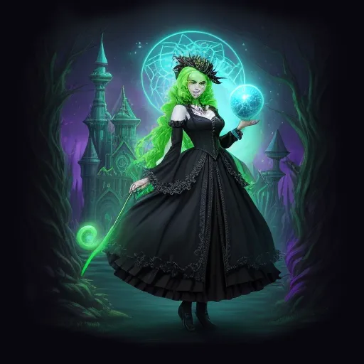 a woman in a black dress holding a crystal ball in her hand and a green hair and a green wig, by Sailor Moon