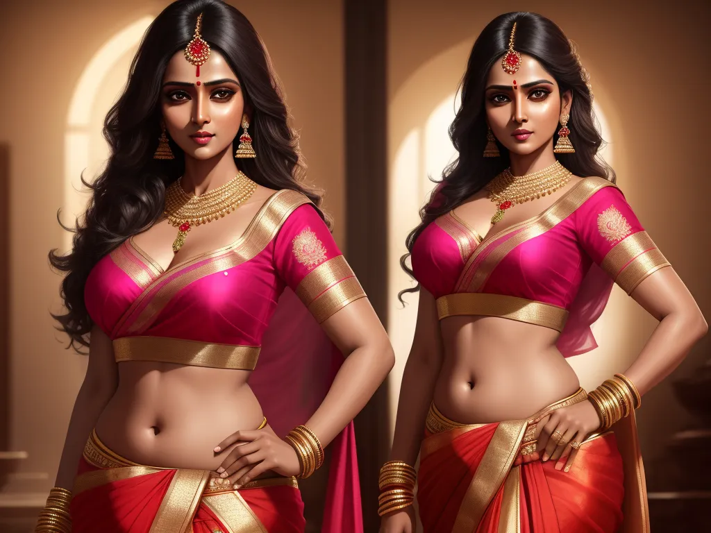 best free text to image ai - a woman in a red and gold sari with a gold necklace and earrings on her head and a red and gold sari with a gold border, by Raja Ravi Varma