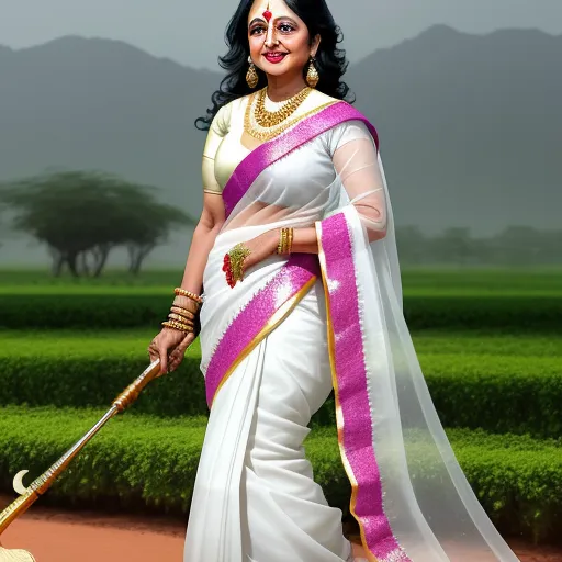 4k picture converter - a woman in a white sari holding a stick and a basket of fruit in her hand and a green field behind her, by Raja Ravi Varma