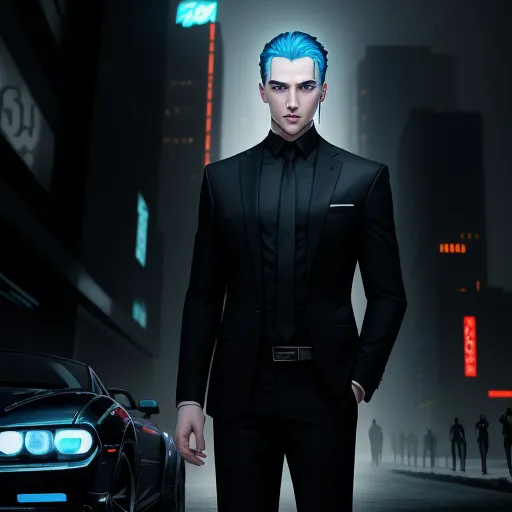 a man in a suit standing next to a car in a city at night with neon lights on the buildings, by Lois van Baarle