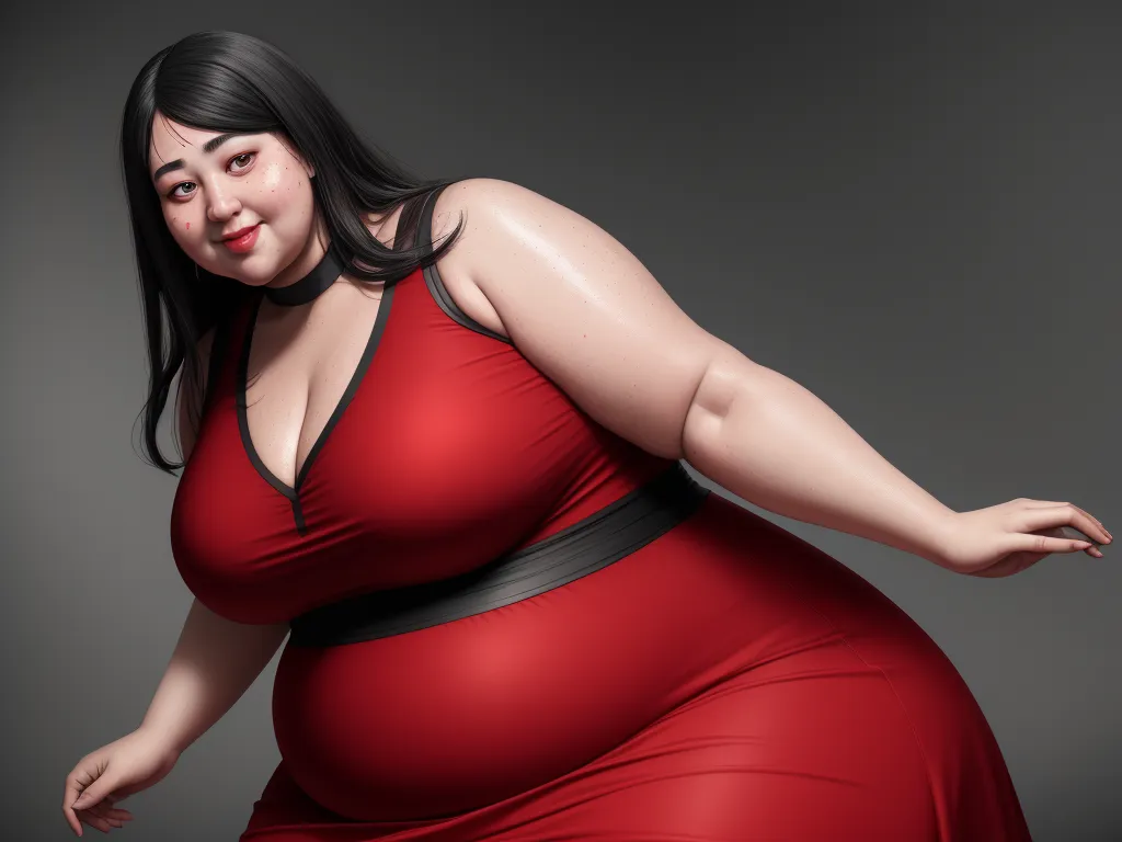 make picture higher resolution - a woman in a red dress poses for a picture with her hands on her hips and her right arm extended, by Botero