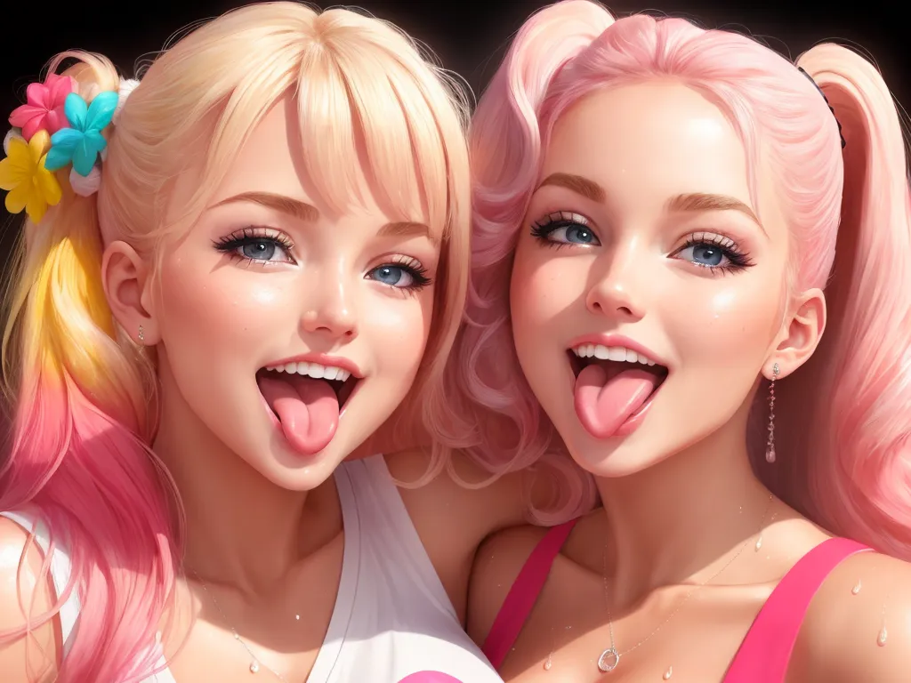 convert to 4k photo - two blonde girls with pink hair and blue eyes making a funny face with their tongues out and their tongues out, by Hirohiko Araki