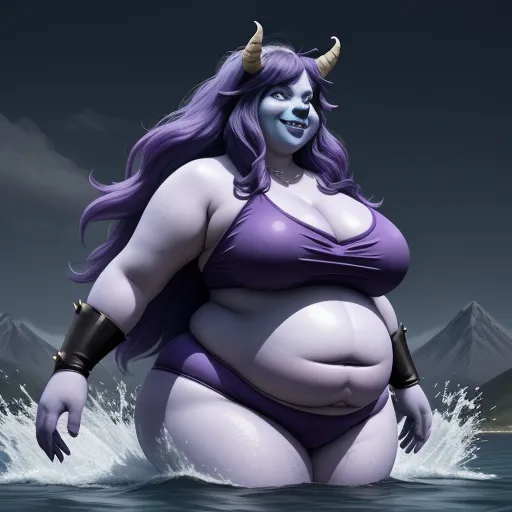 a cartoon of a woman with horns and a purple outfit in the water with mountains in the background and a dark sky, by Studio Ghibli