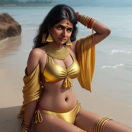 a woman in a gold bikini and gold jewelry on the beach with a scarf around her neck and a gold scarf around her neck, by Raja Ravi Varma