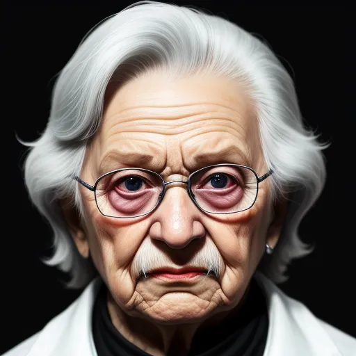 a portrait of an elderly woman with glasses and a white coat on a black background with a black background, by Daniela Uhlig