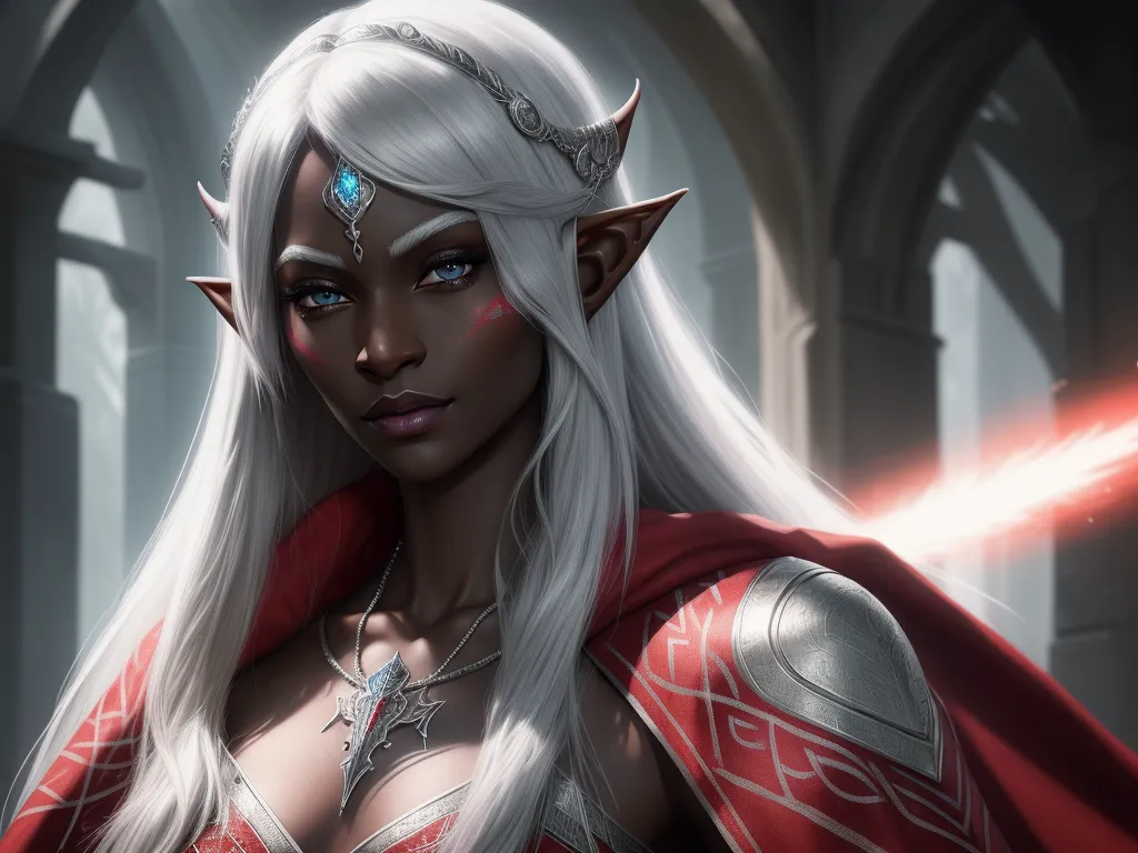 best text-to image ai - a woman with white hair and a red cape and a sword in her hand and a red cape on her shoulder, by Daniela Uhlig