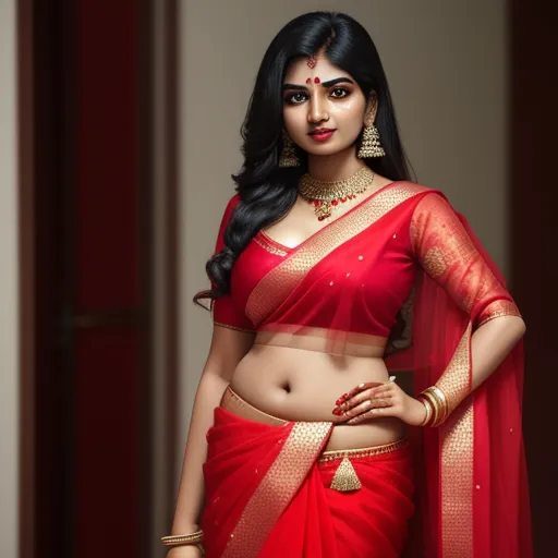 a woman in a red sari and gold jewelry is posing for a picture in a red sari, by Hendrik van Steenwijk I