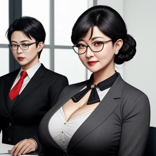 high resolution images - a woman in a suit and a man in a suit are looking at a computer screen together, both wearing glasses, by Terada Katsuya