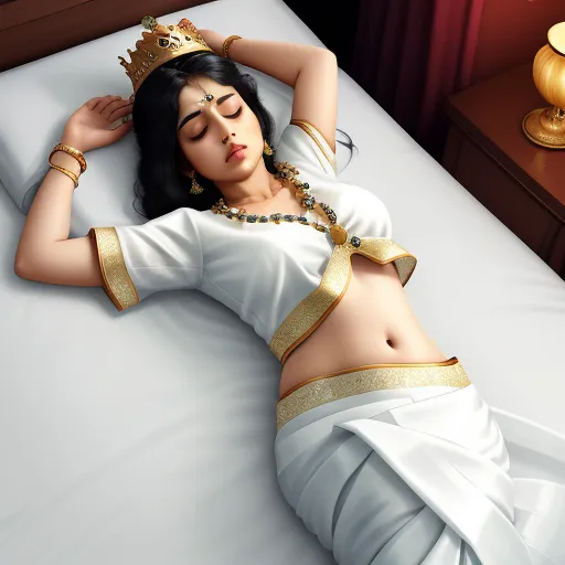 a woman in a white sari laying on a bed with a crown on her head and a gold necklace, by Raja Ravi Varma