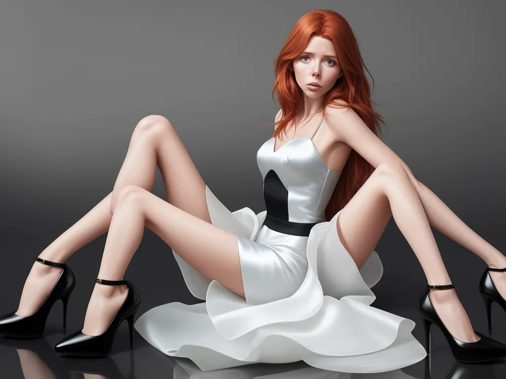 text to image ai free - a woman in a white dress and high heels sitting on the floor with her legs crossed and her legs crossed, by Hanna-Barbera