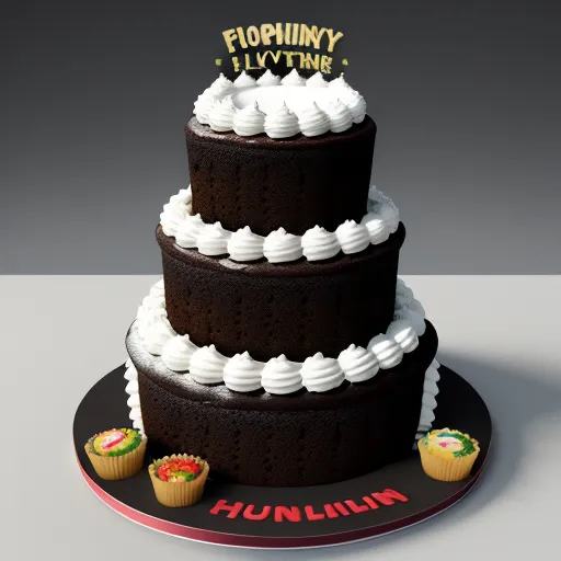 a three tiered cake with cupcakes on a plate next to it and a sign that says fluffinin, by Filip Hodas