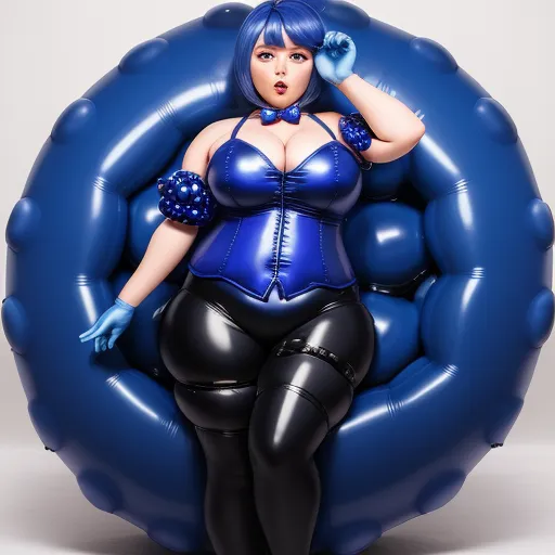 4k quality converter photo - a woman in a blue corset sitting on a giant blue balloon with her hands on her head, by Terada Katsuya