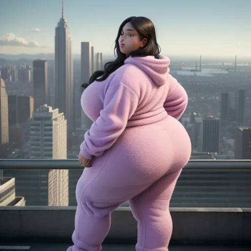 a woman in a pink outfit standing on a ledge in front of a cityscape with a skyscraper, by Fernando Botero