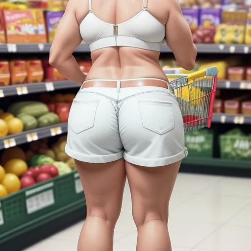 a woman in a white bra top and shorts standing in front of a grocery store aisle with a shopping cart, by Botero