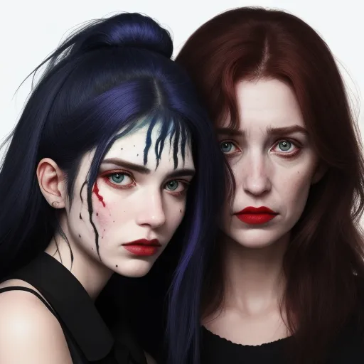 two women with makeup and blood on their faces are posing for a picture together, one of them is wearing a black dress, by Elsa Bleda