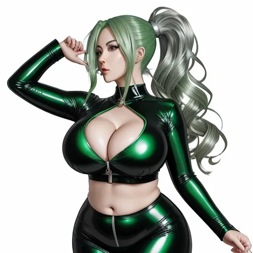 a woman in a green latex outfit posing for a picture with her hands on her hips and her hair in a ponytail, by Hiromu Arakawa