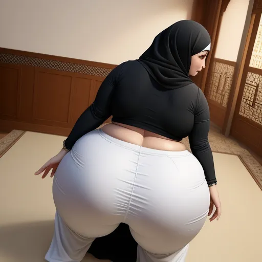a woman in a black top and white pants is standing on a rug with her butt exposed and her hands on her hips, by Botero