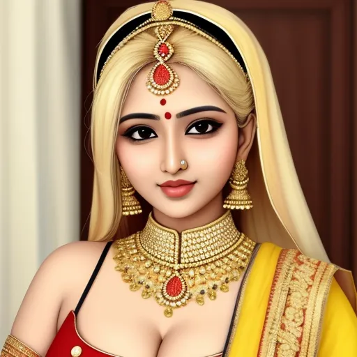 free ai text to image - a woman in a red and yellow outfit with a necklace and earrings on her head and a red and yellow saree, by Raja Ravi Varma