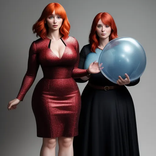 ai that can generate images - two women in red dresses holding a blue ballon and a black dress with a black top on it, by Hendrik van Steenwijk I