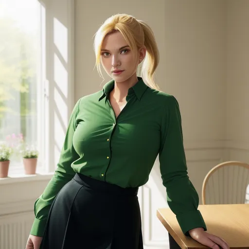 a woman in a green shirt and black skirt posing for a picture in a room with a table and chair, by Hendrik van Steenwijk I