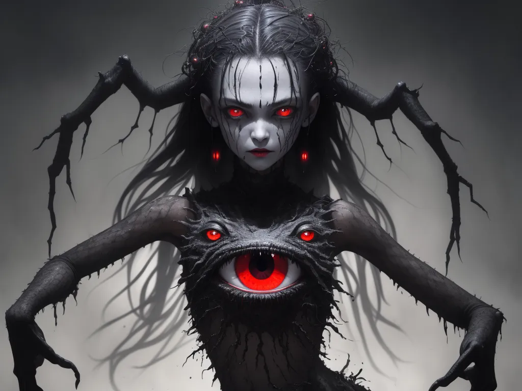 a creepy woman with red eyes and a creepy monster like face with long hair and red eyes, with a creepy monster like face and a creepy demon like body, by Naoto Hattori