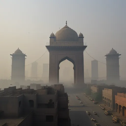 a foggy day in a city with a large arch and a clock tower in the middle of the city, by Laurent Grasso