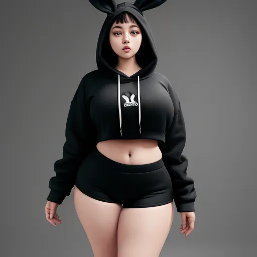 free hd online - a woman in a black hoodie and shorts with a bunny ears on her head and a black hoodie with a white bunny ears on her head, by Terada Katsuya