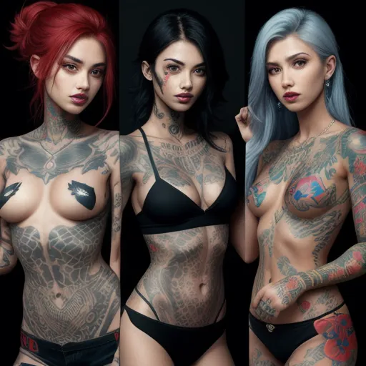three women with tattoos and tattoos on their body and chest, one in a bikini and one in a bikini, by Terada Katsuya
