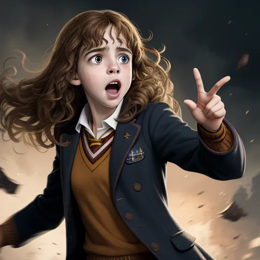 a young girl in a harry potter outfit pointing at something with her finger and a bird flying in the background, by Daniela Uhlig