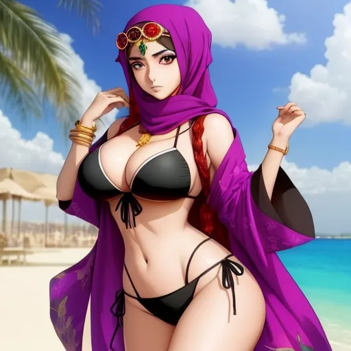 a woman in a bikini and head scarf on a beach with a palm tree in the background and a blue sky, by Hirohiko Araki