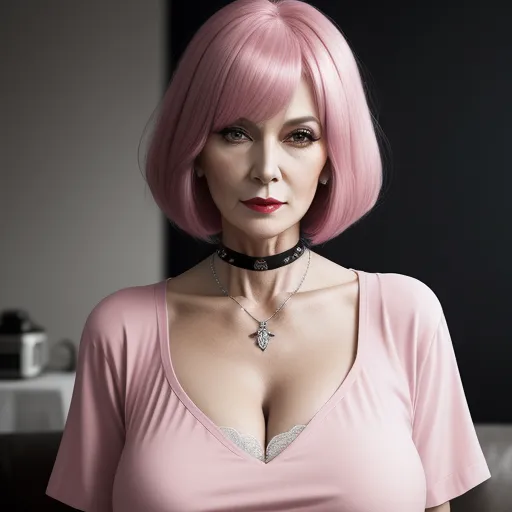 a woman with pink hair and a choker on her neck is posing for a picture in a pink top, by Terada Katsuya