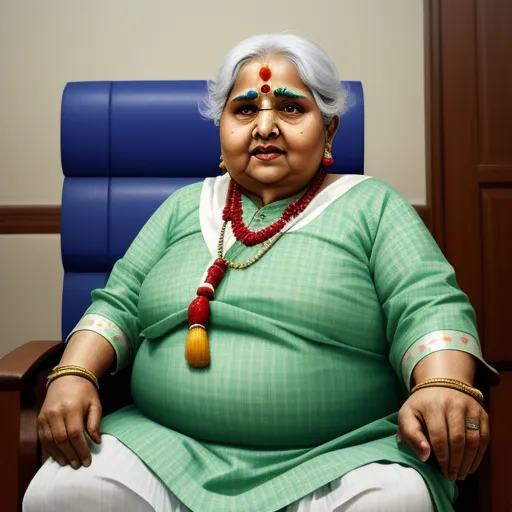 a woman with a green shirt and white pants sitting in a blue chair with a necklace on her neck, by Alec Soth