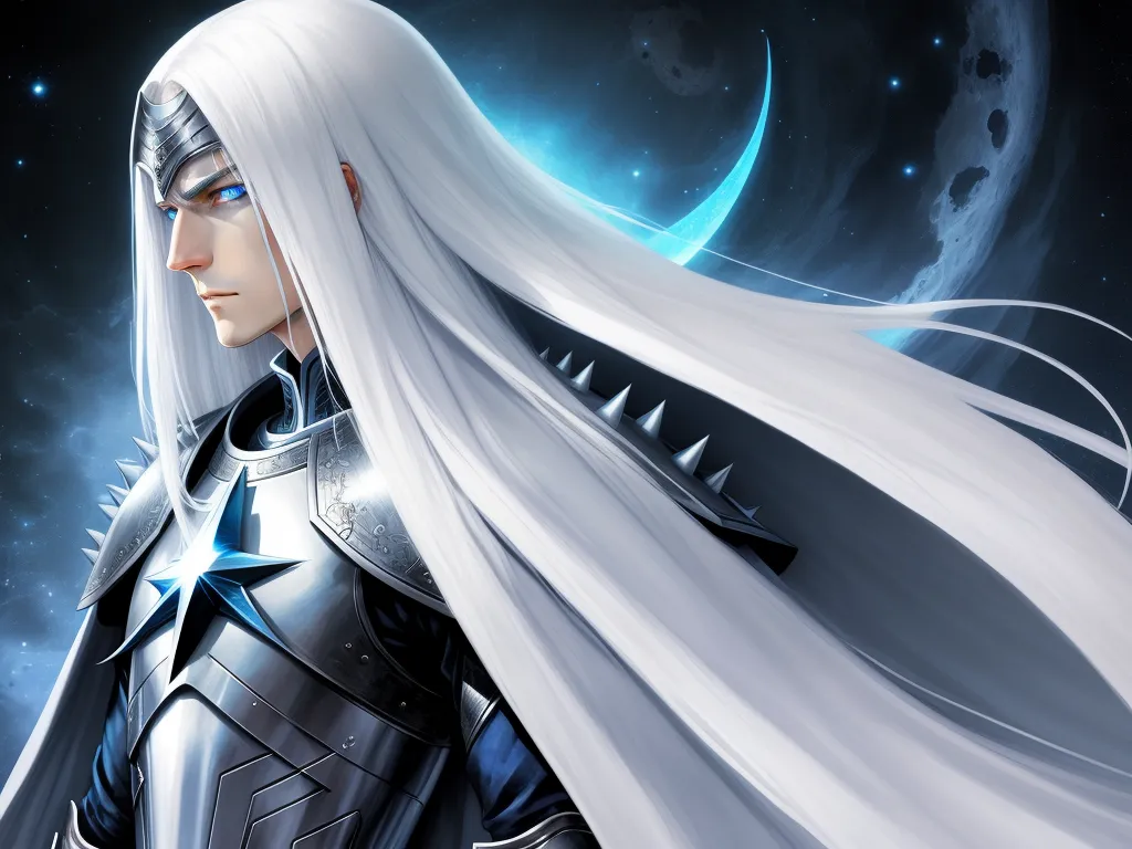 a man with long white hair and a sword in his hand, standing in front of a moon and stars background, by Sailor Moon