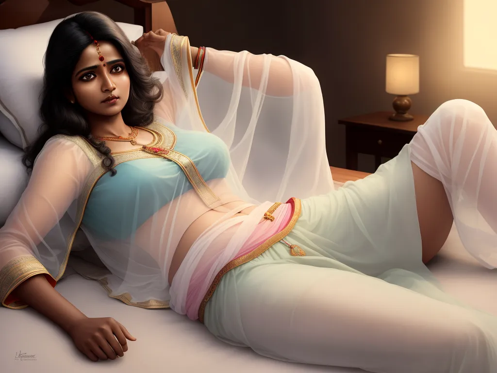 a woman in a sari laying on a bed with a lamp on the side of the bed and a lamp on the side table, by Raja Ravi Varma